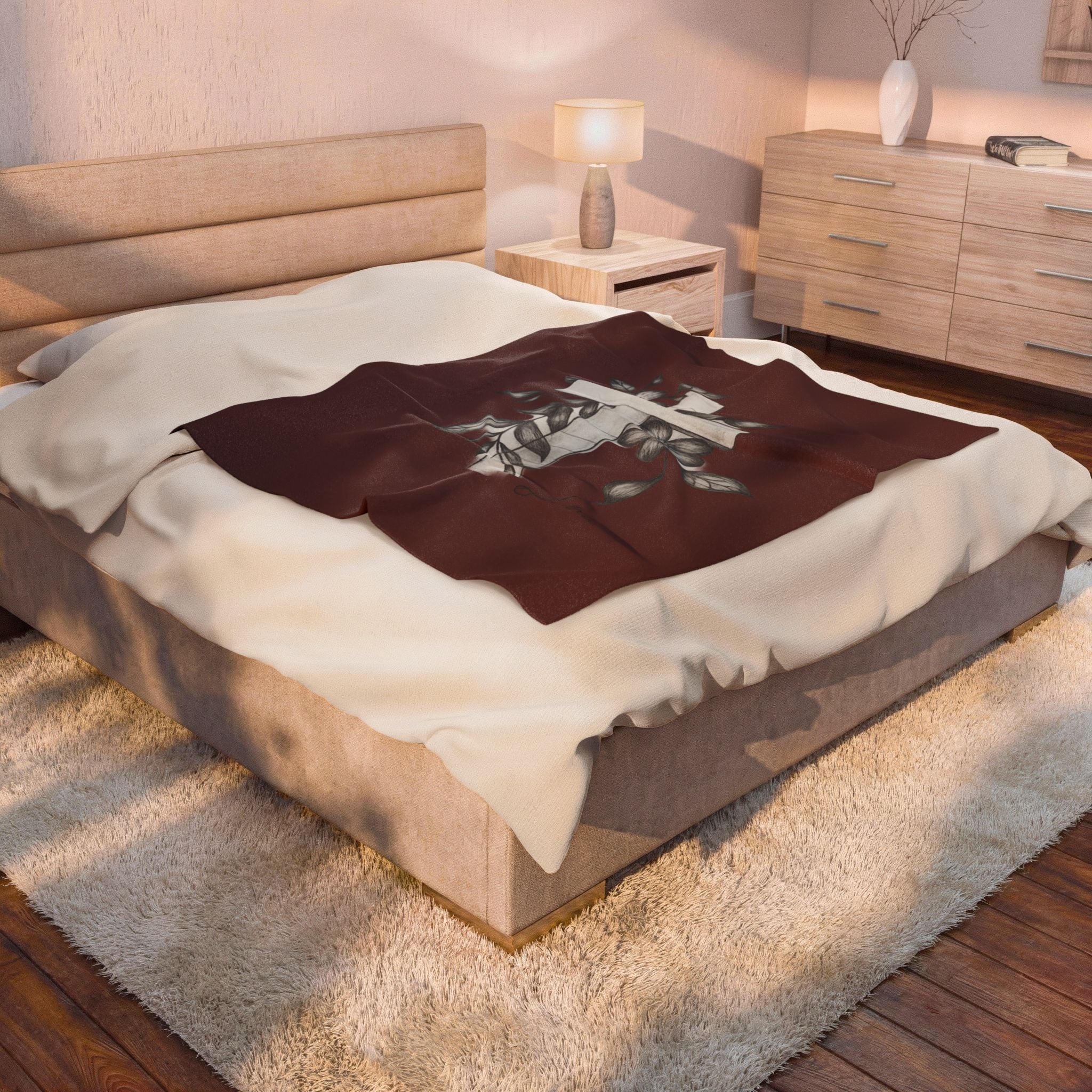 Floral Cross Velveteen Plush Blanket — Soft Memorial Throw