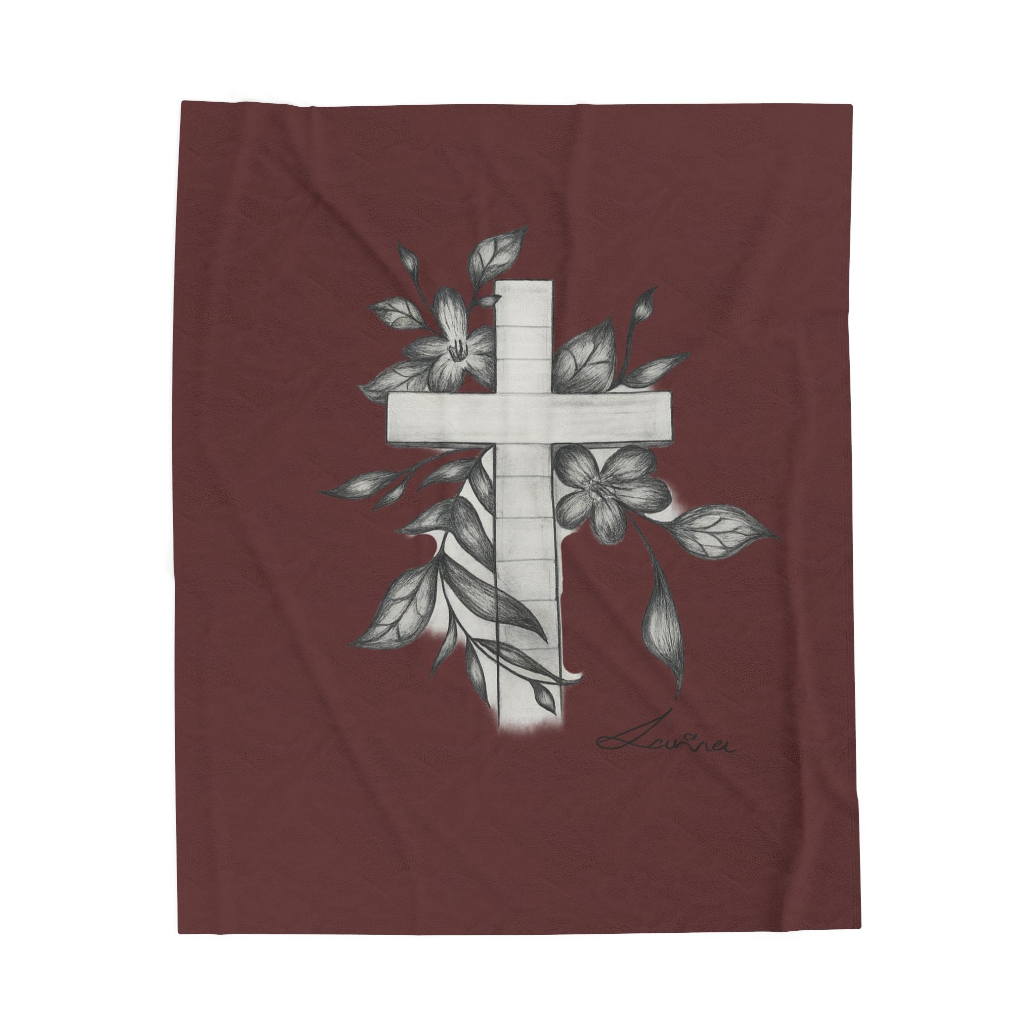 Floral Cross Velveteen Plush Blanket — Soft Memorial Throw