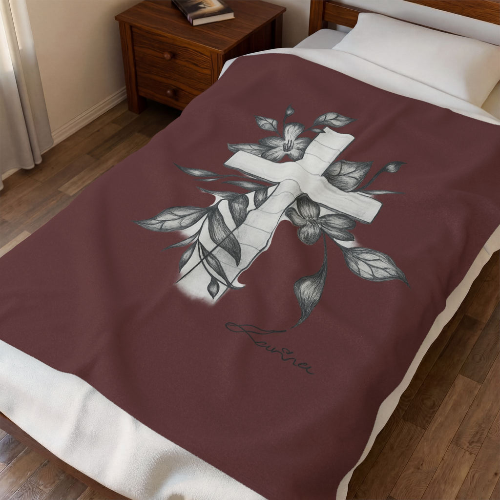 Floral Cross Velveteen Plush Blanket — Soft Memorial Throw