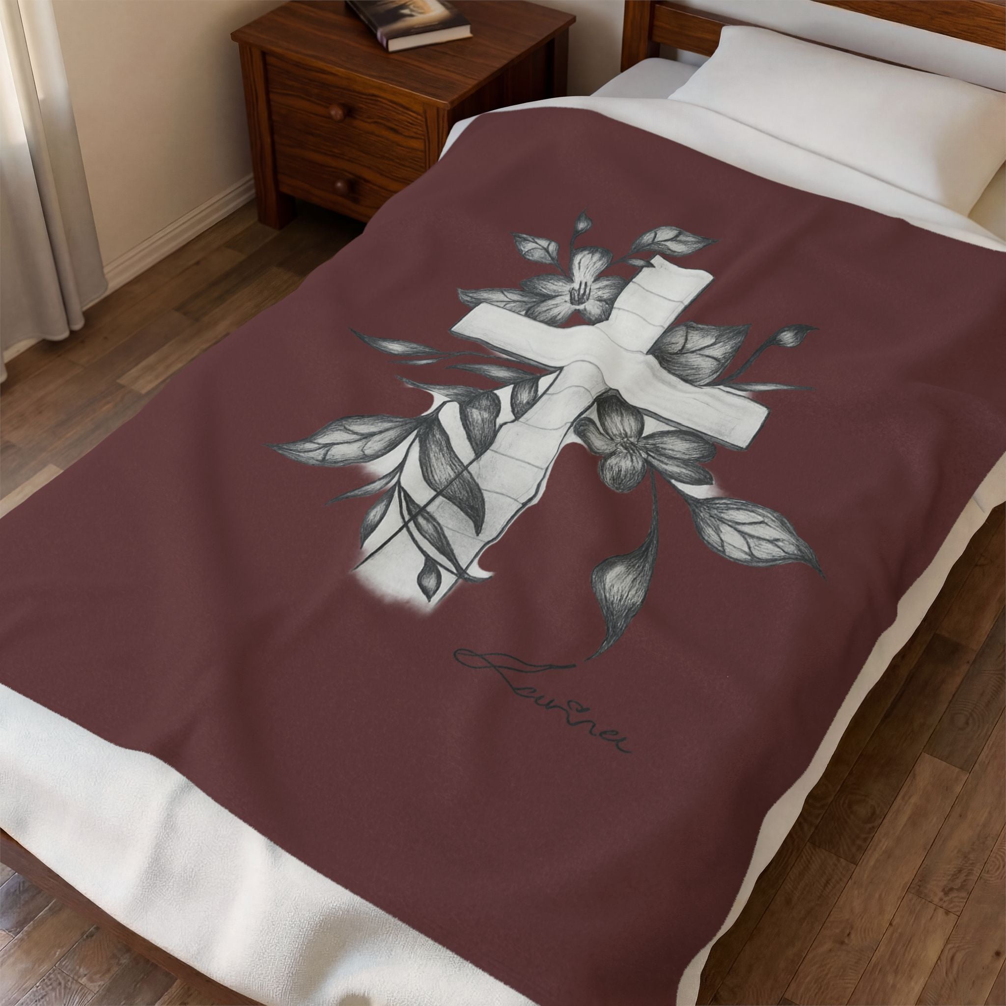 Floral Cross Velveteen Plush Blanket — Soft Memorial Throw